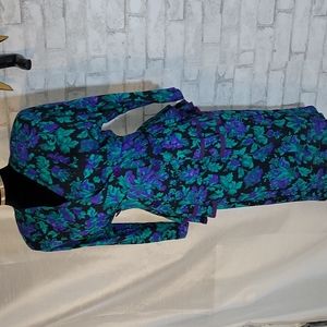 Vintage 80s Green/Purple/Black Floral Peplum Midi Dress